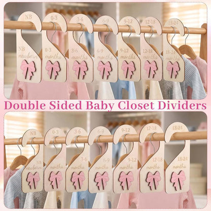 7-Piece Wooden Baby Closet Dividers with 3D Pink Bow, Double-Sided Nursery Organizer 0-24 Months