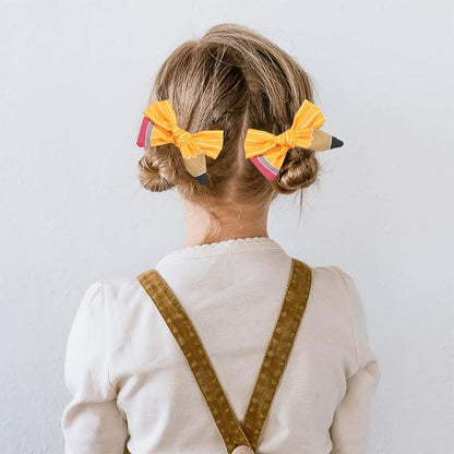 Yellow Pencil Design Back to School Hair Bow Clips