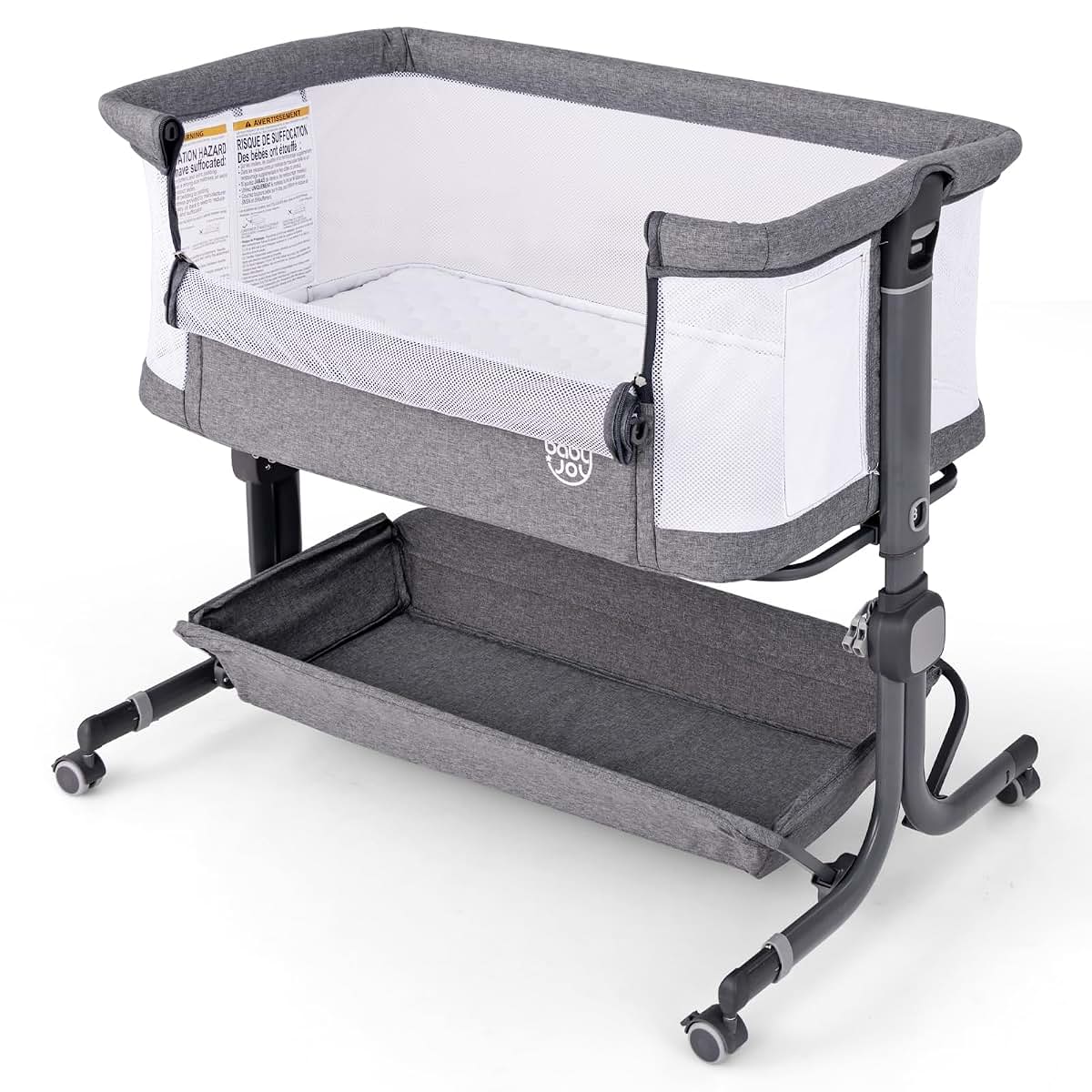 Baby Joy Bedside Bassinet Crib with 6-Level Adjustable Height and Mattress, Gray