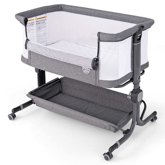 Baby Joy Bedside Bassinet Crib with 6-Level Adjustable Height and Mattress, Gray