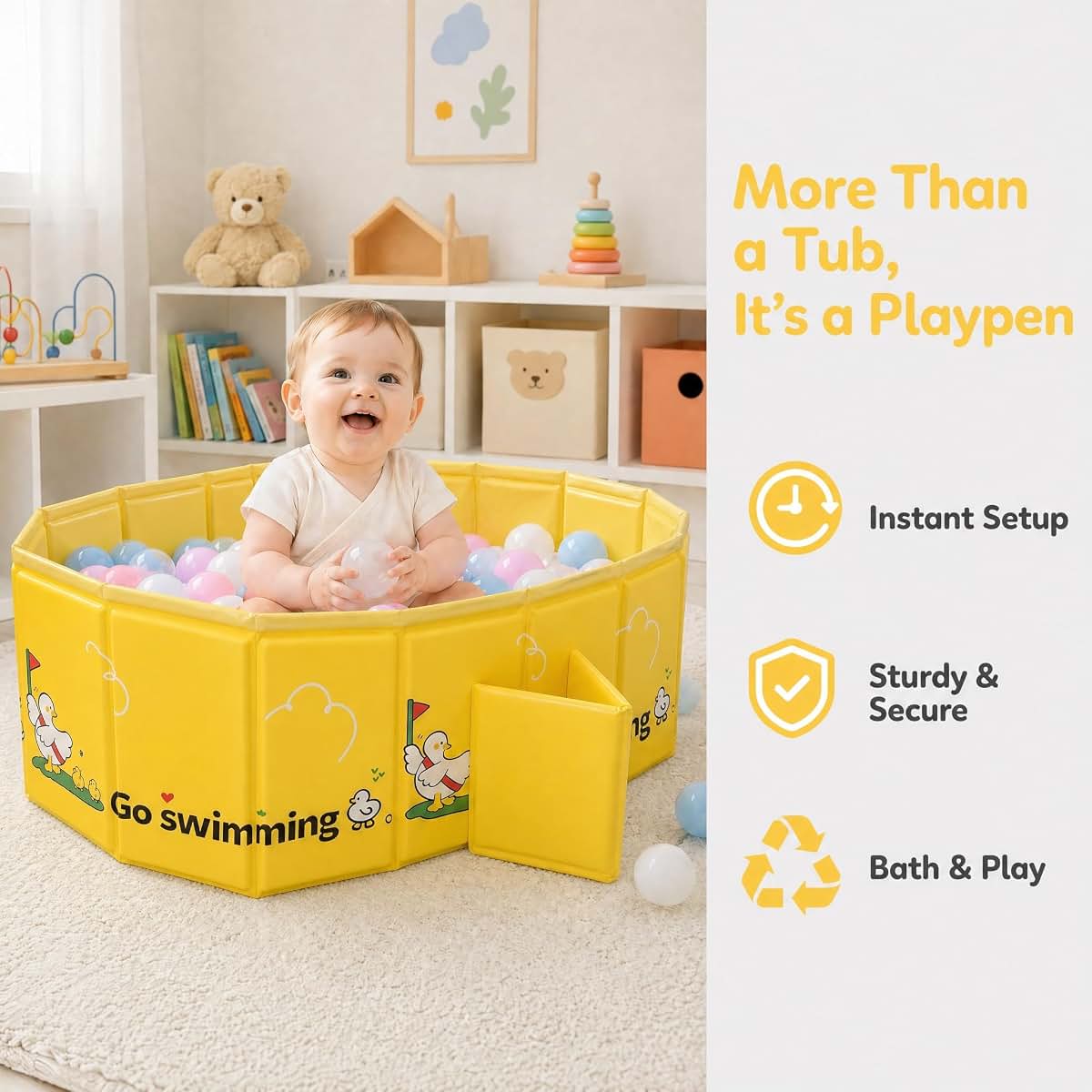 Mandla Go Portable Toddler Bath Tub - Foldable Pink Yellow Duck Design (photo 2)