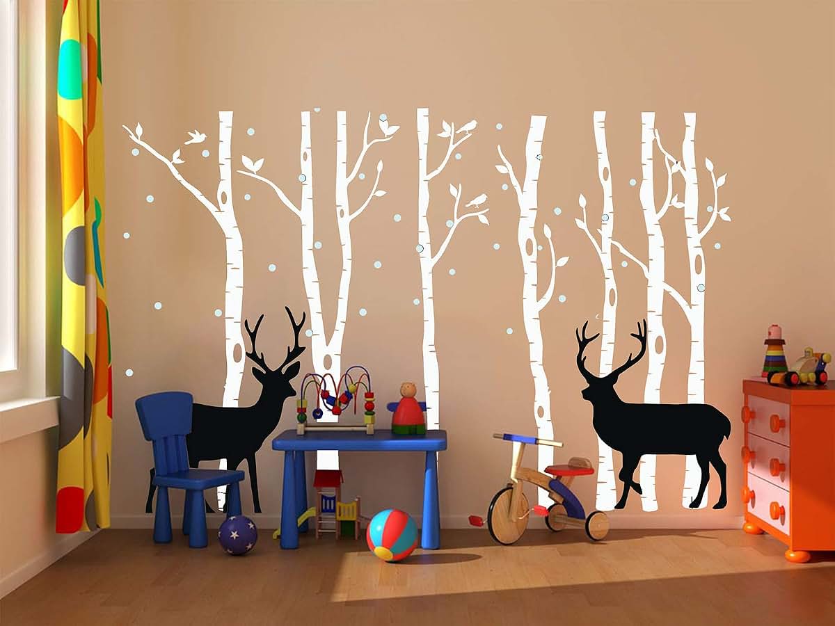 LUCKKYY Birch Tree Deer Wall Decal Nursery Forest Removable Vinyl Sticker