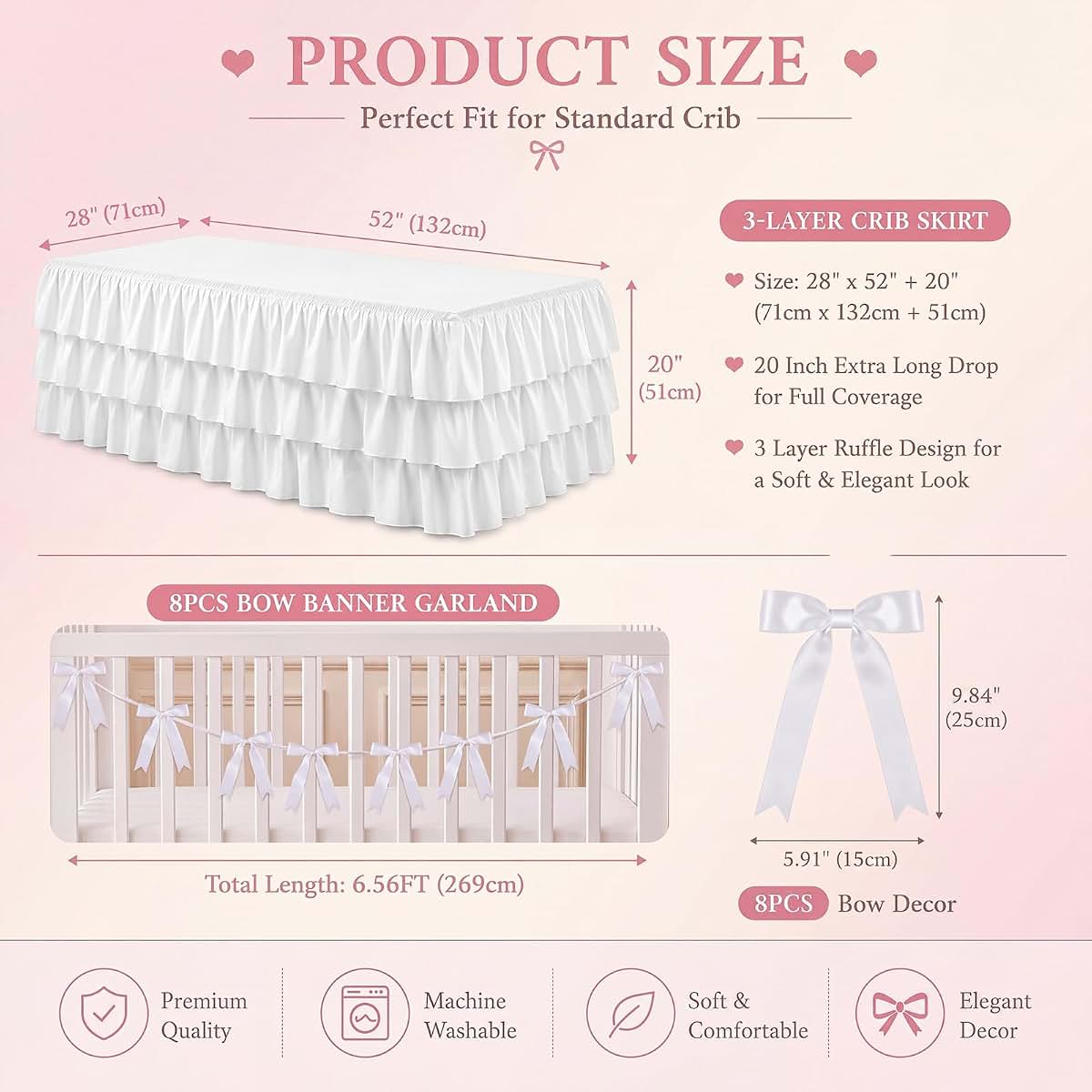 CrystalSylara Extra Long White Ruffled Crib Skirt With 8 Piece Bow Set (photo 3)