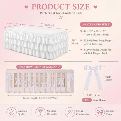 CrystalSylara Extra Long White Ruffled Crib Skirt With 8 Piece Bow Set (photo 3)