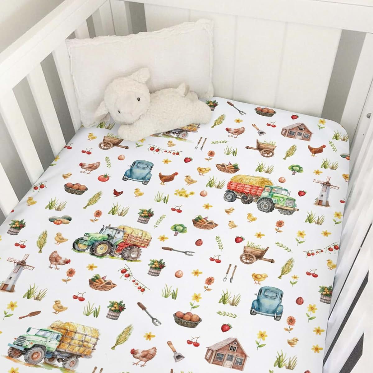 Hwmmbh Spring Farm Life Baby Crib Sheet 52x28 Inches, Trucks Pattern