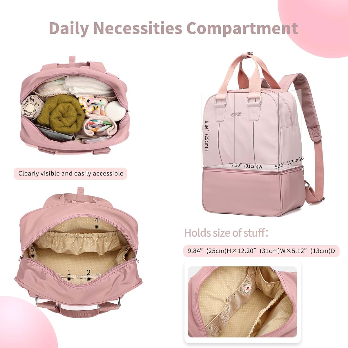 CFX diaper bag， Keep food separate from supplies，Lightweight baby bag for mom，diaper bag backpack（Pink） (photo 3)