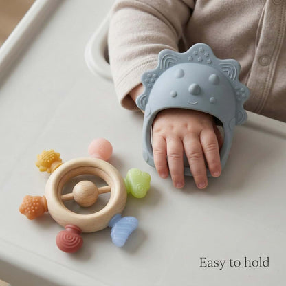 TINBLII Baby Teething Toys 2 Pack, Dinosaur Mitten Teether and Ring Sun Teether with 6 Chewing Points, Silicone Chew (photo 2)