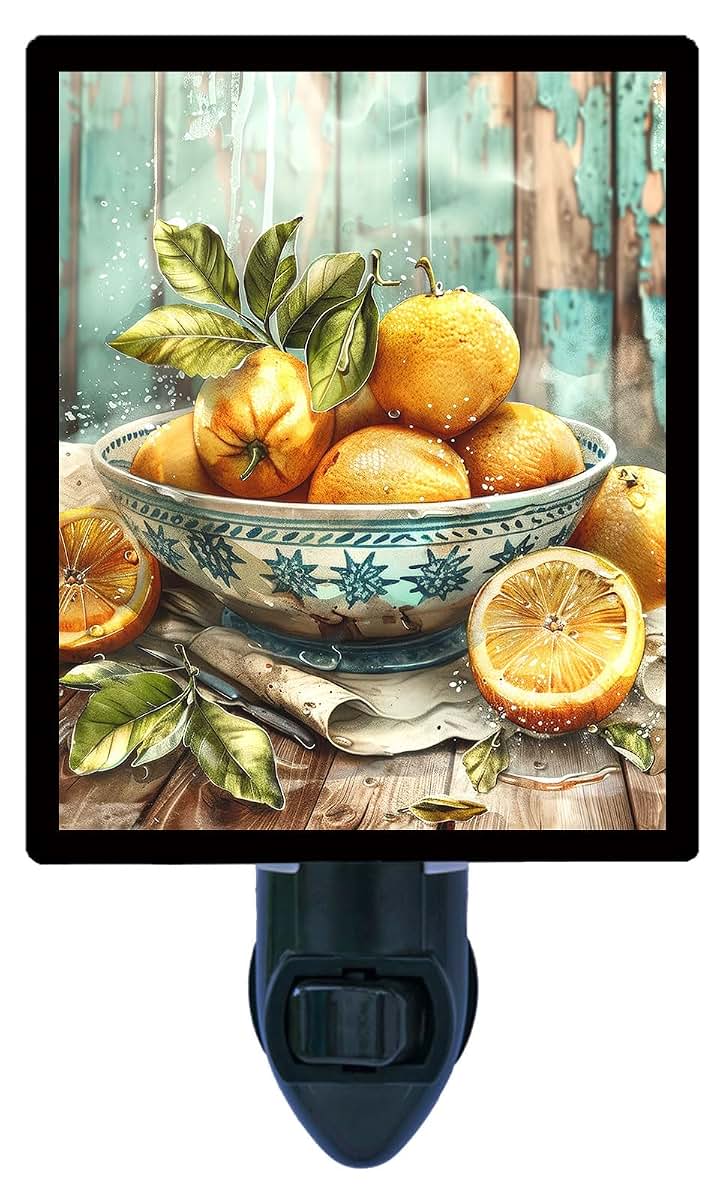 Night Light Designs Retro Lemons Night Light – Vintage Kitchen Design, Fully Enclosed, Rotating Plug, Glass Front, 4