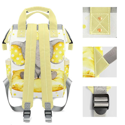 YallLocoMo Personalized Diaper Bag Backpack Gift Yellow Background with White Dot Elephan Multi-Purpose Nappy Bag: (photo 4)