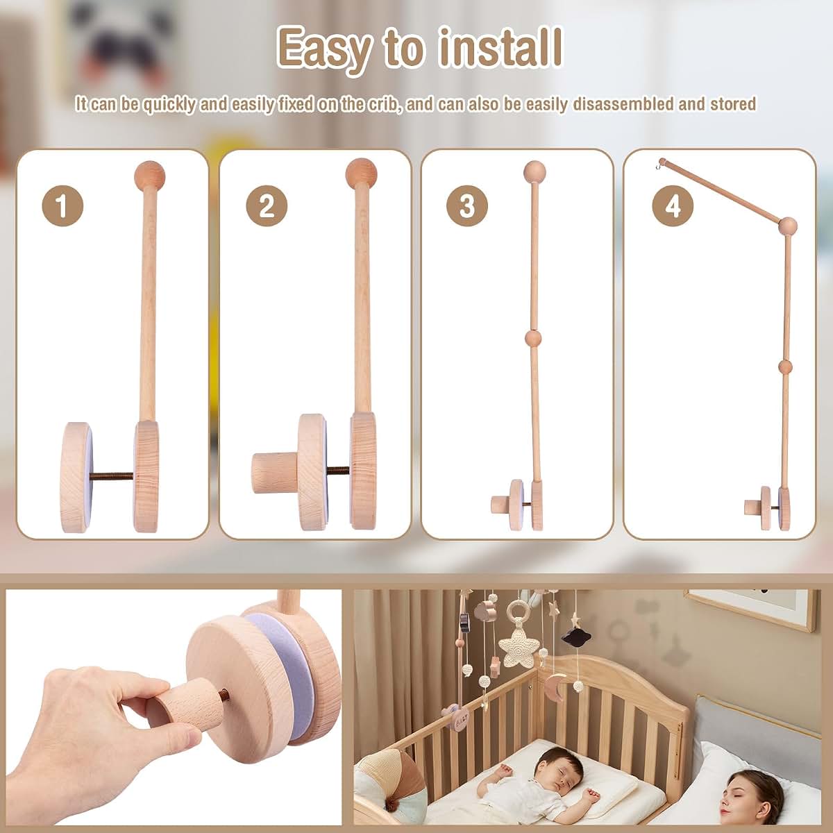 BabyOneStop Wooden Crib Mobile Arm with 360° Rotation for Newborn Nursery Decor