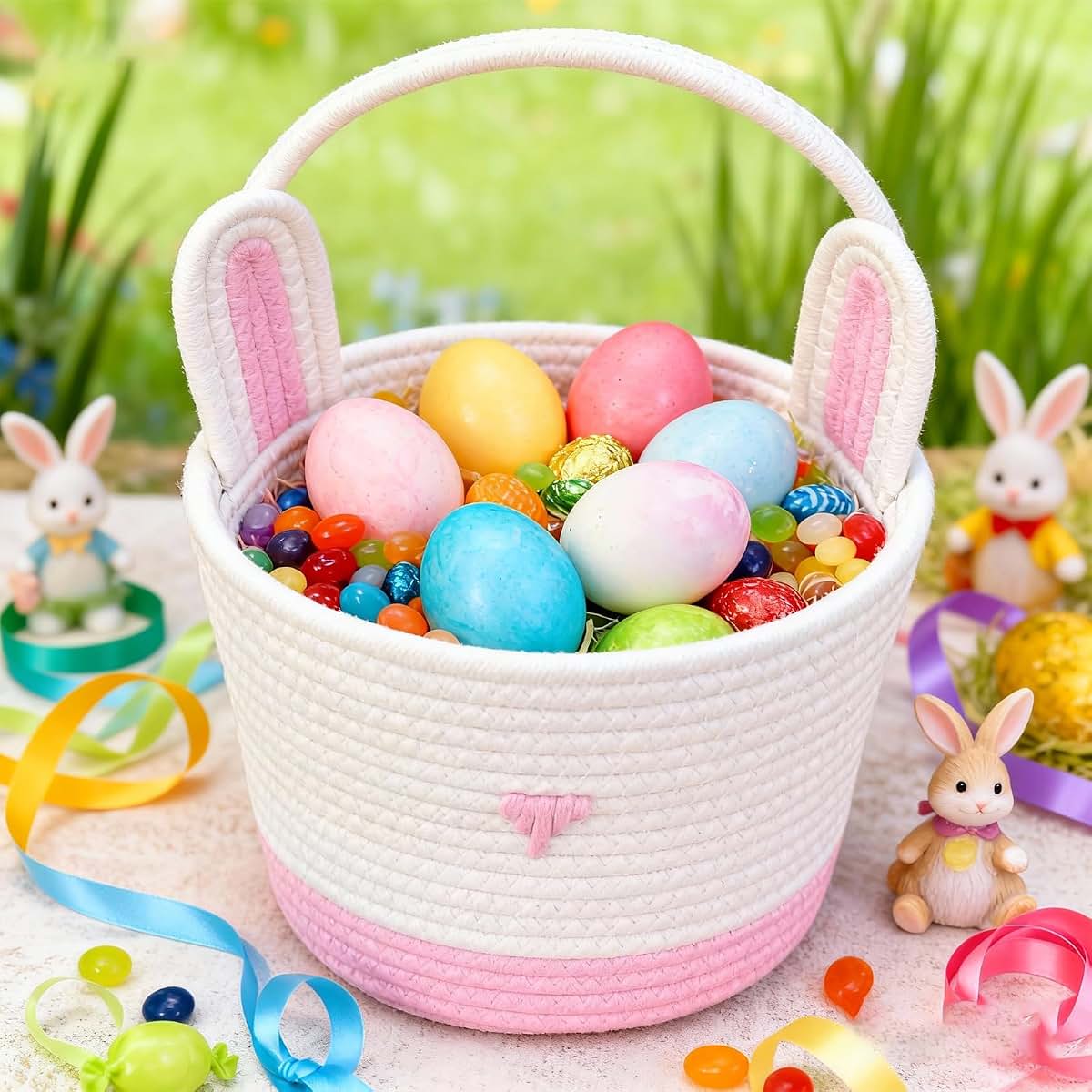 Vmohuyktx Cotton Rope Easter Basket with Rabbit Ears
