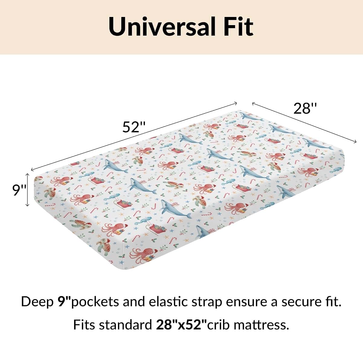 Cstdyfrv Christmas Sea Animals Baby Crib Sheets Coastal Whale Turtle Sea Horse Santa Hat Gifts Baby Sheet Winter (photo 4)