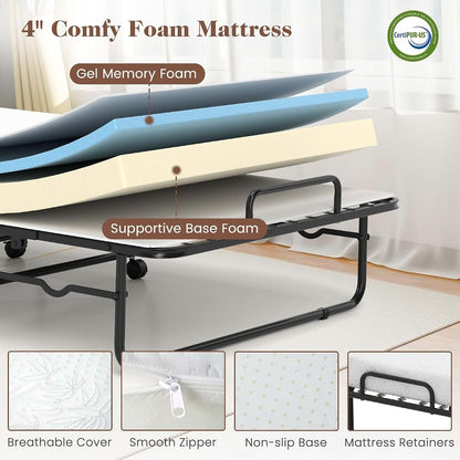 MAT EXPERT Folding Bed with Mattress, 75" x 31" Rollaway Bed, 4" Memory Foam Mattress & Breathable Cover