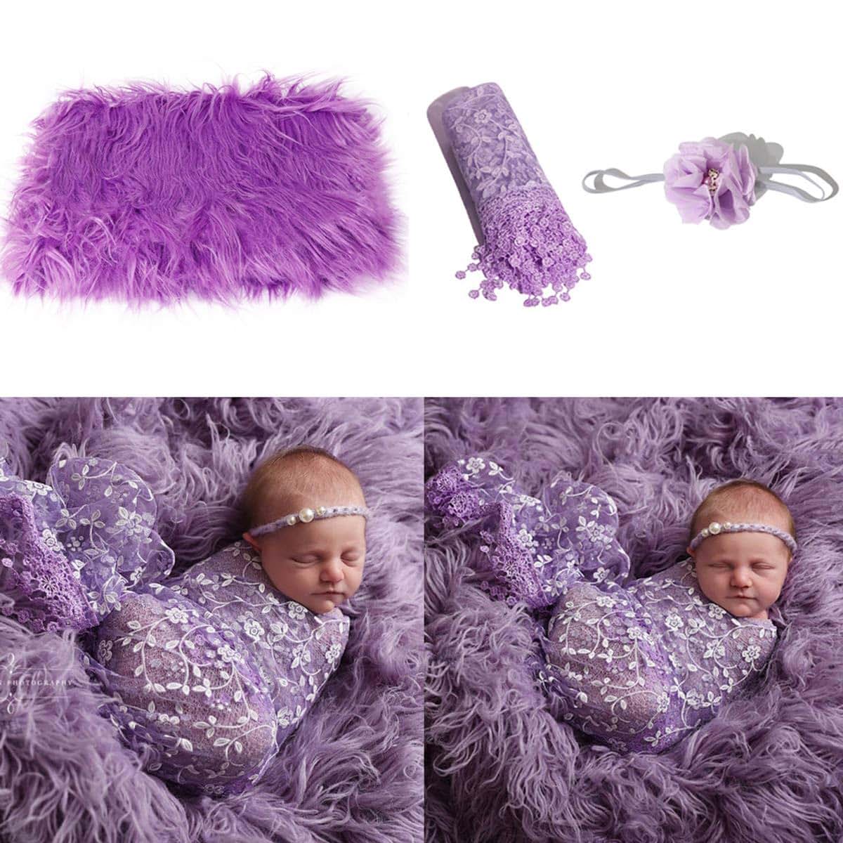 Fealay 3pcs Baby Newborn Photo Props Fluffy Blanket + Wrap + Headband Set Comfortable Newborn Photography Wrap Mat