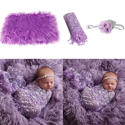 Fealay 3pcs Baby Newborn Photo Props Fluffy Blanket + Wrap + Headband Set Comfortable Newborn Photography Wrap Mat