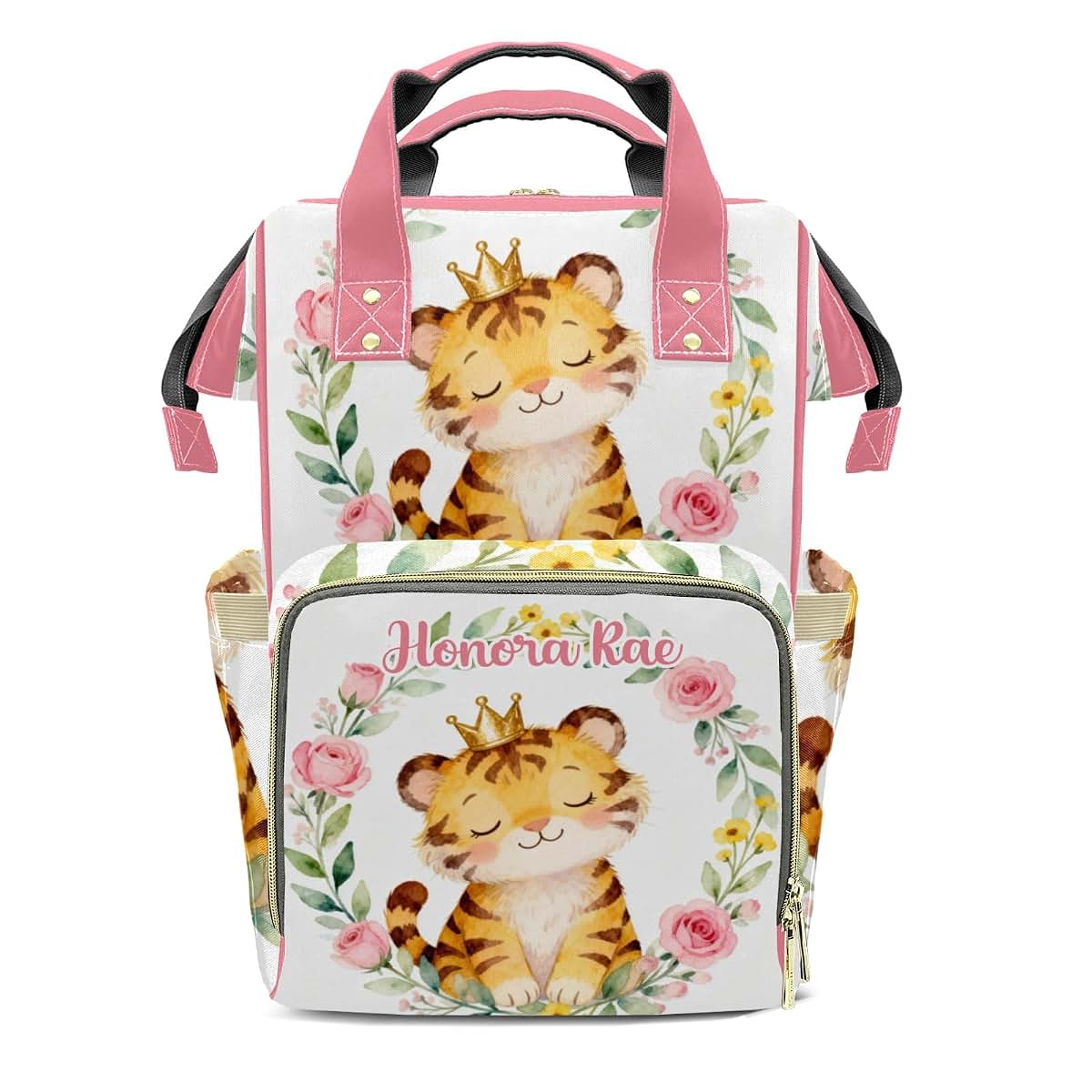 Joyestore Personalized Cute Crown Tiger Custom Mom Bag with Name,Dad and Mom Diaper Backpack for Baby Boys