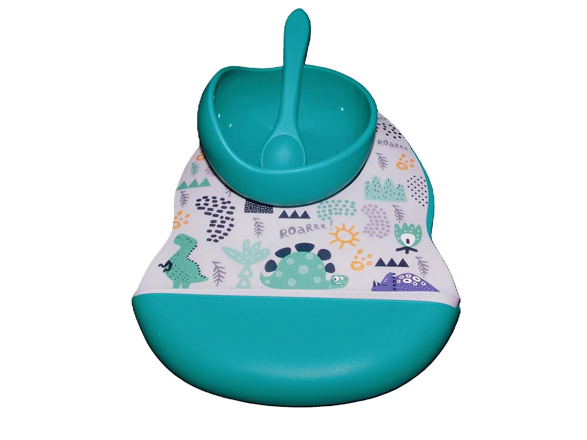 BabyOneStop Silicone Dinosaur Print Bib Set with Bowl and Spoon - Marble & Teal