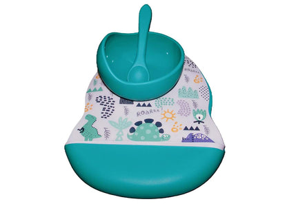 BabyOneStop Silicone Dinosaur Print Bib Set with Bowl and Spoon - Marble & Teal