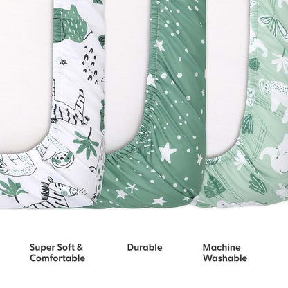 The Peanutshell 3-Pack Fitted Playard Sheets, Green Safari Mini Crib Sheets for Standard Playard Mattresses