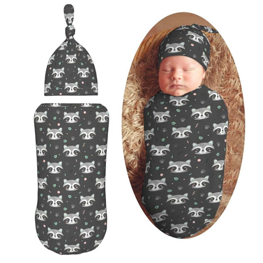 Muishi Cartoon Raccoon Newborn Swaddle Blanket And Hat Set Soft Polyester