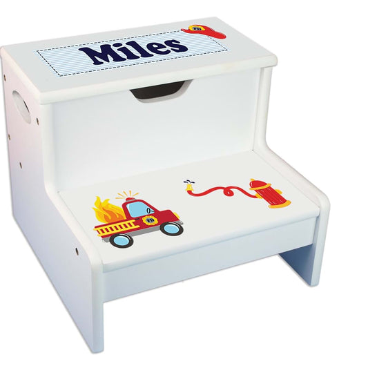 My Bambino Personalized Kids Step Stool | Fire Truck White Childrens Step Stool with Storage | Custom Name Toddler