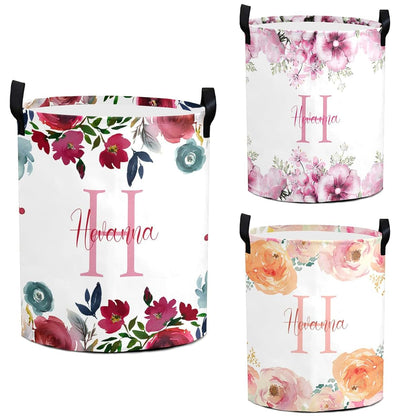 Puercha Personalized Baby Laundry Basket with Flower Custom Nursery Hamper with Names for Girl Foldable Storage