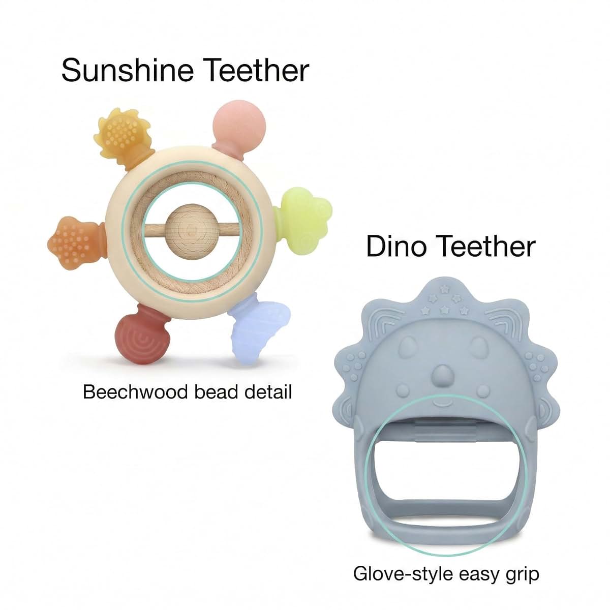 TINBLII Baby Teething Toys 2 Pack, Dinosaur Mitten Teether and Ring Sun Teether with 6 Chewing Points, Silicone Chew (photo 4)