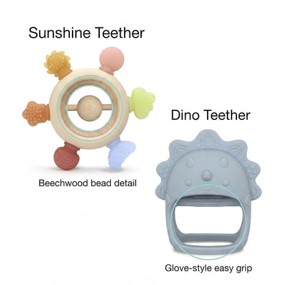 TINBLII Baby Teething Toys 2 Pack, Dinosaur Mitten Teether and Ring Sun Teether with 6 Chewing Points, Silicone Chew (photo 4)