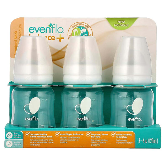 Evenflo Feeding Balance+ Bottles, Standard, 0+ Months, Slow Flow, 3 Bottles, 4 oz (120 ml)