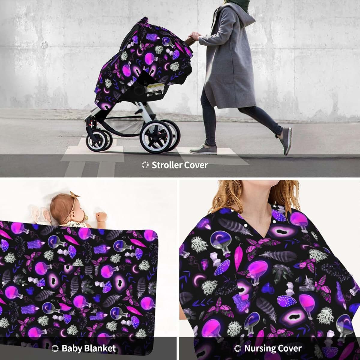 CAYKWVZ Gothic Magic Witch Witchy Trippy Purple Mushrooms Baby Car Seat Canopy Cover Multi Use Shower Gift, Nursing (photo 3)