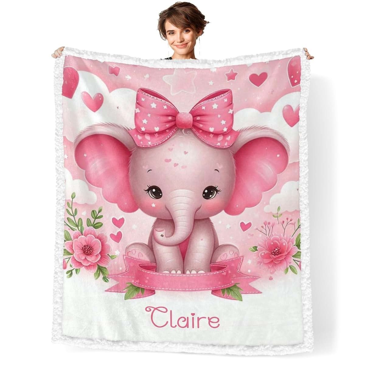 NZOOHY Girl Elephant Flower Personalized Sherpa Baby Blankets for Boys Girls,Soft Newborn Naps Custom Name Blanket for