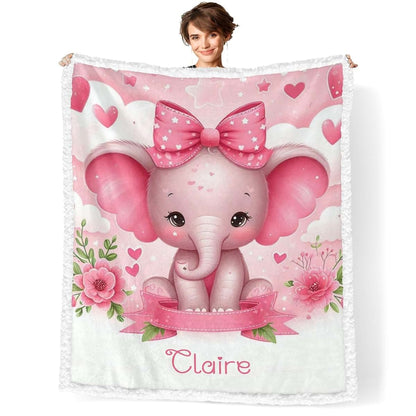 NZOOHY Girl Elephant Flower Personalized Sherpa Baby Blankets for Boys Girls,Soft Newborn Naps Custom Name Blanket for