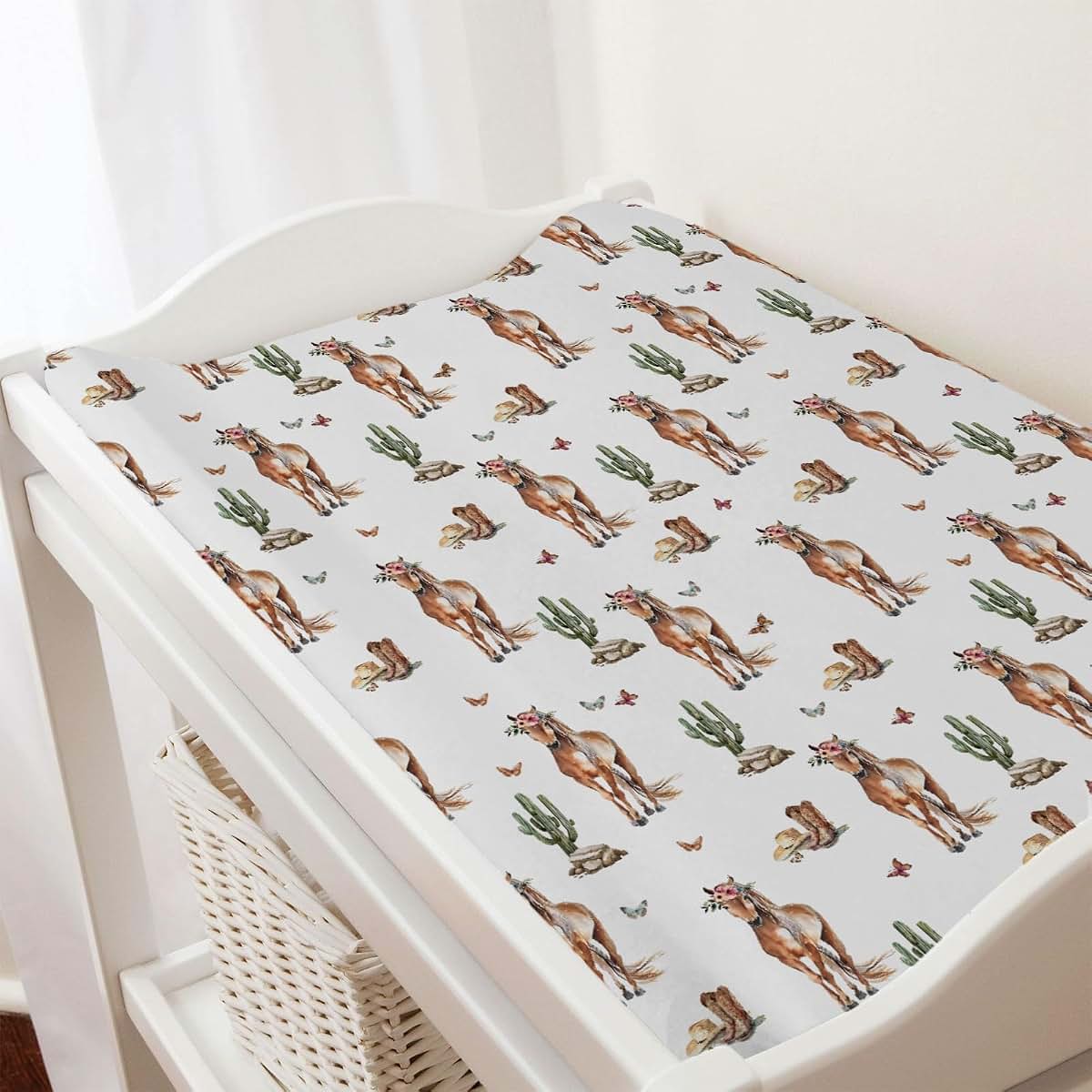Watercolor Cowboy Horse Boho Cactus Changing Pad Cover, 32x16 Inch Soft Breathable Stretchy Polyester