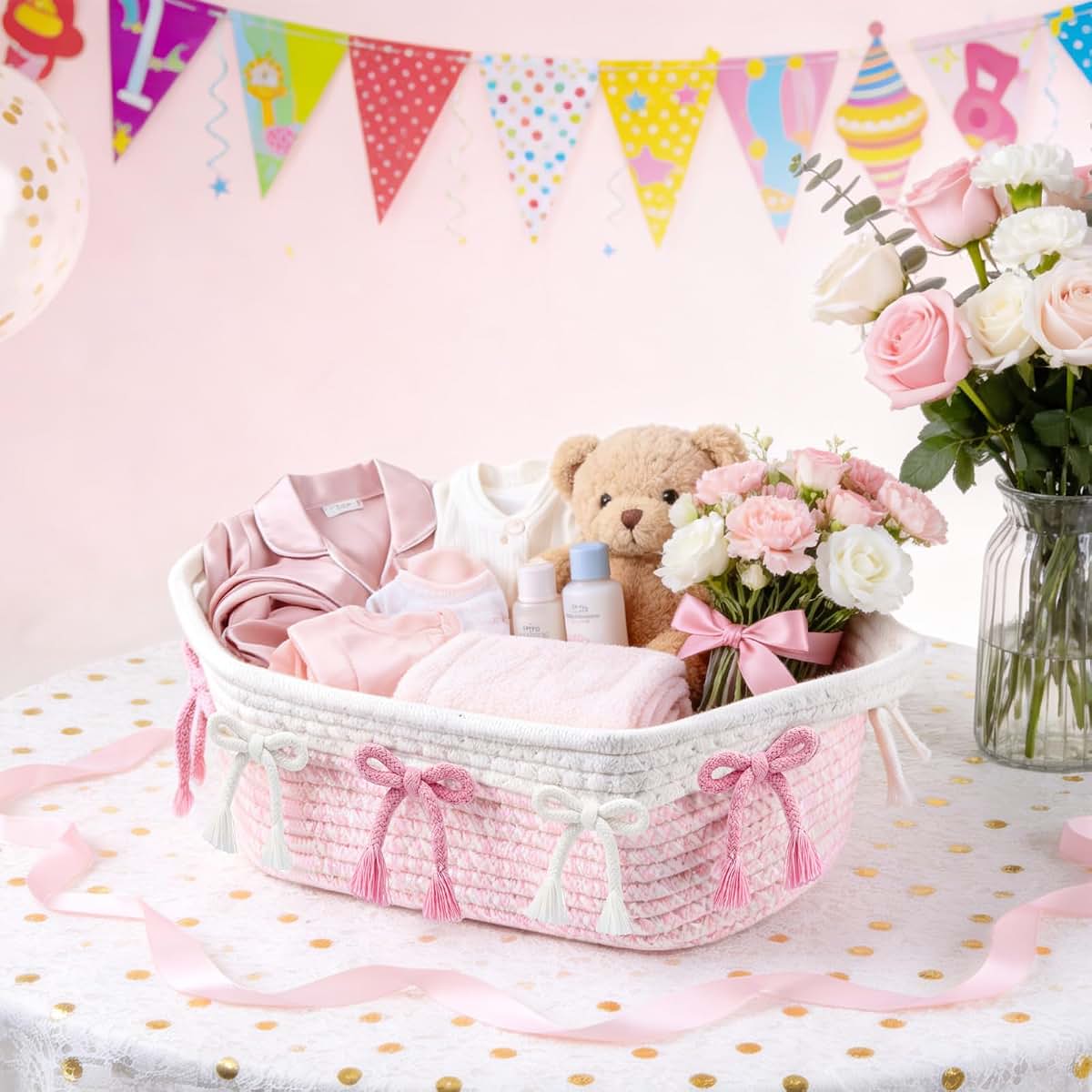 Simihiran Pink Bow Woven Rope Storage Basket for Home Organization