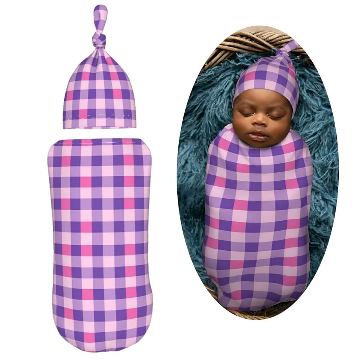 Muishi Purple Gingham Newborn Swaddle Blanket and Hat Set