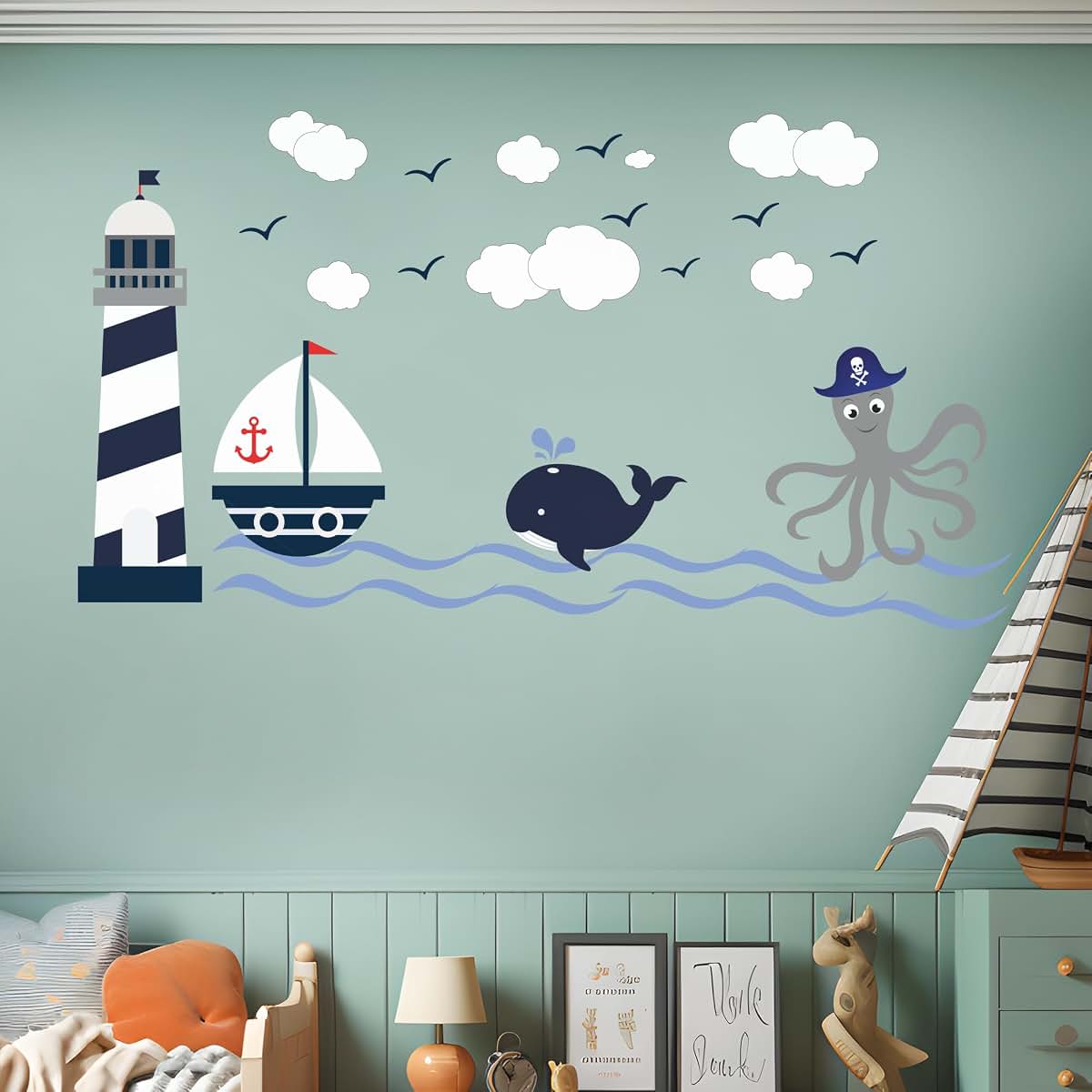 BabyOneStop Lighthouse Whale and Octopus Wall Decal for Kids Room, 40 x 22 Inch