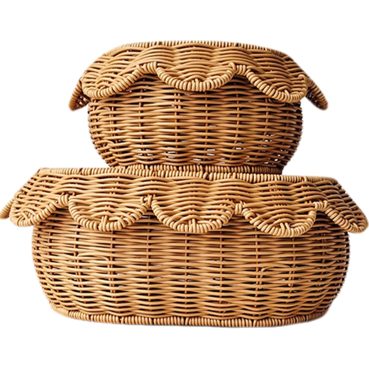 Wicker Basket with Lid, 2-Piece Handwoven Scalloped Rattan Fruit and Candy Storage