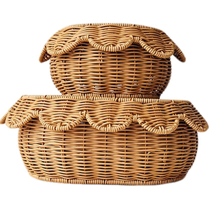 Wicker Basket with Lid, 2-Piece Handwoven Scalloped Rattan Fruit and Candy Storage