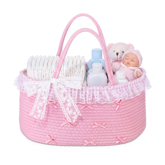 OBreezify Diaper Caddy Organizer with Pink Bow Pink Diaper Caddy Woven Rope