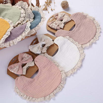 Surakey Baby Bibs Drool Teething Headband Set 4-Layer Organic Cotton Lace Waterproof For Girls
