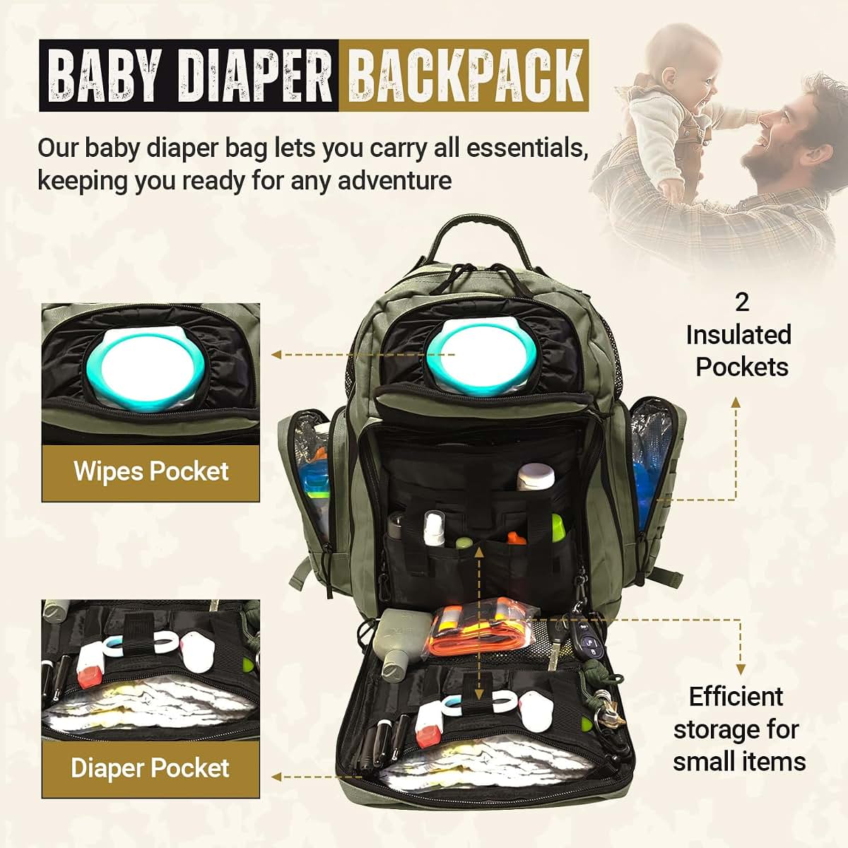 HighSpeedDaddy Diaper Bag Backpack with Changing Mat in Ranger Green (photo 3)