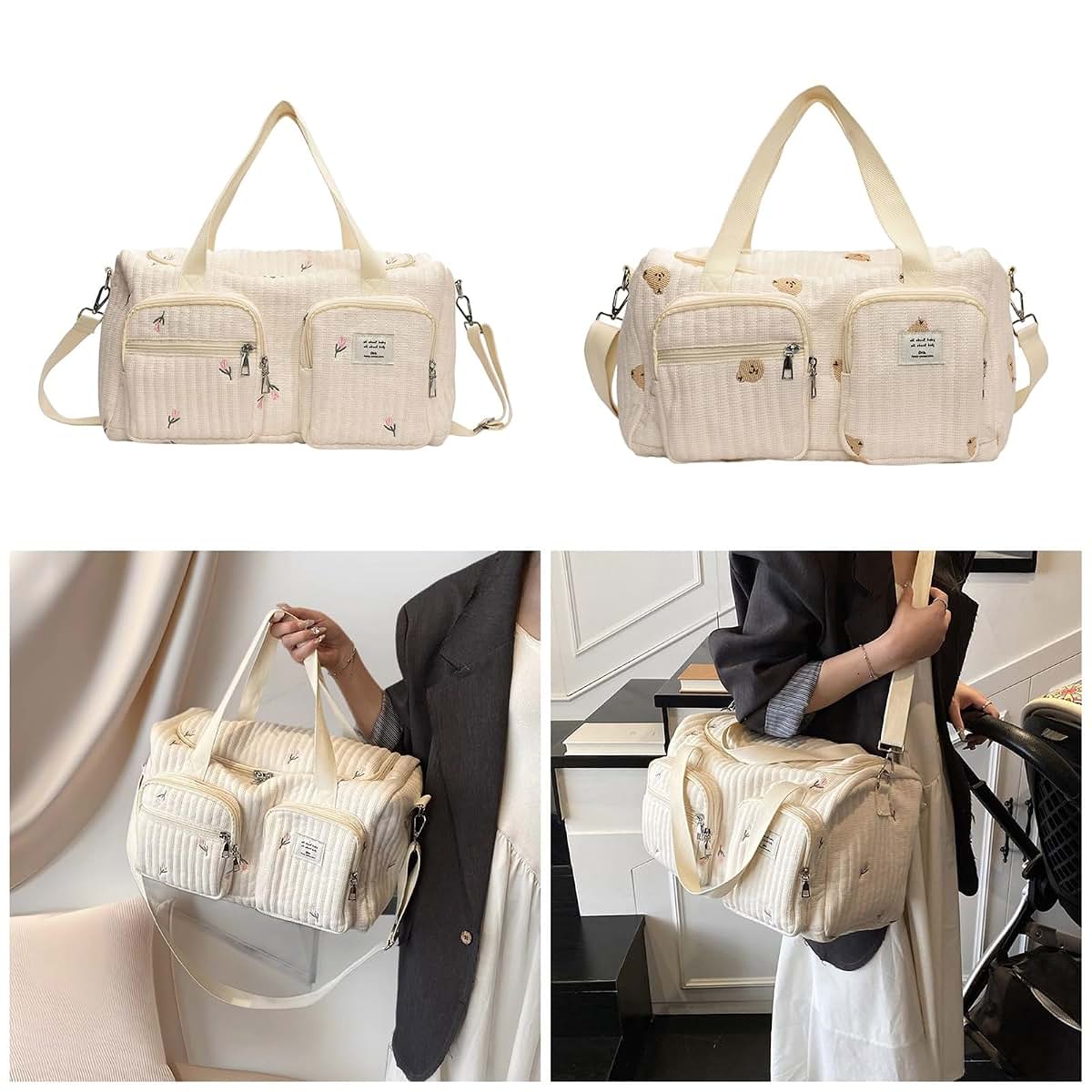 KMGDM Cartoon Embroidery Baby Nappy Case Diaper Changing Bag Large Capacity Cotton Organiser with Shoulder Strap (photo 2)