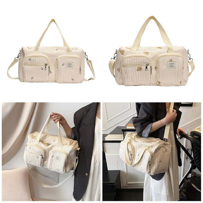 KMGDM Cartoon Embroidery Baby Nappy Case Diaper Changing Bag Large Capacity Cotton Organiser with Shoulder Strap (photo 2)