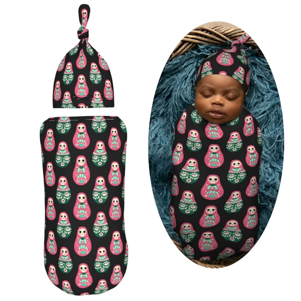 Muishi Pink Russian Dolls Swaddle Blanket and Hat Set for Newborns