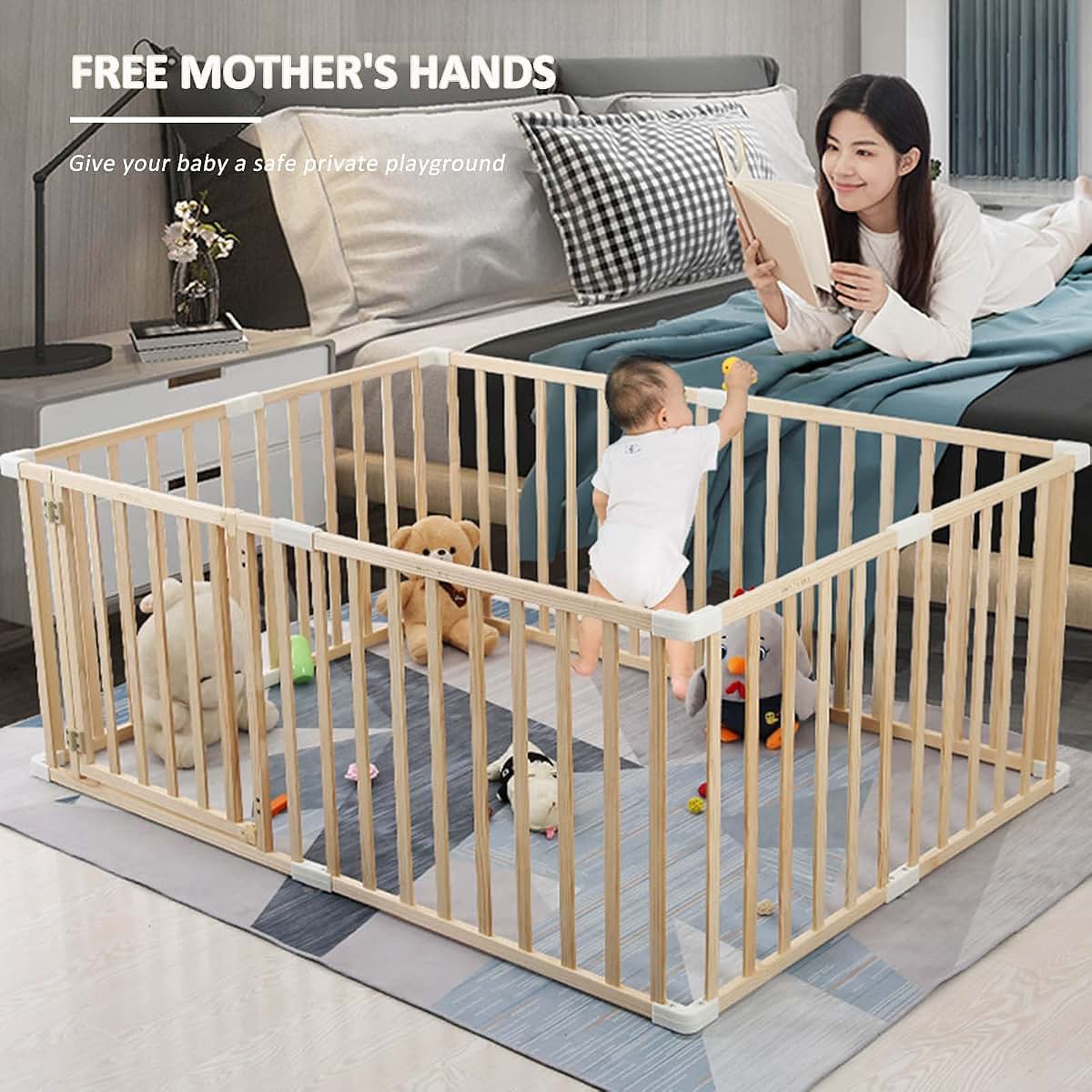 Jolan Portable Baby Playpen,Wooden Baby Fence with Door,Crawling Playpen,Indoor Outdoor Safety Playard