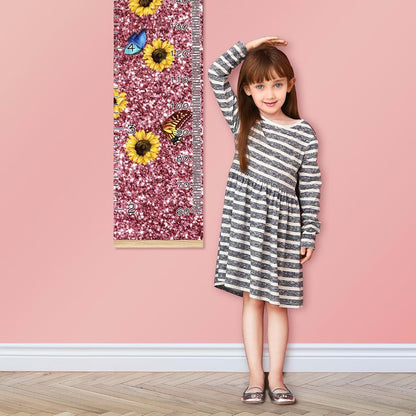 Growth Chart Pink Glitter Sunflowers Butterfly Measurement Banner for Kids Room Decor