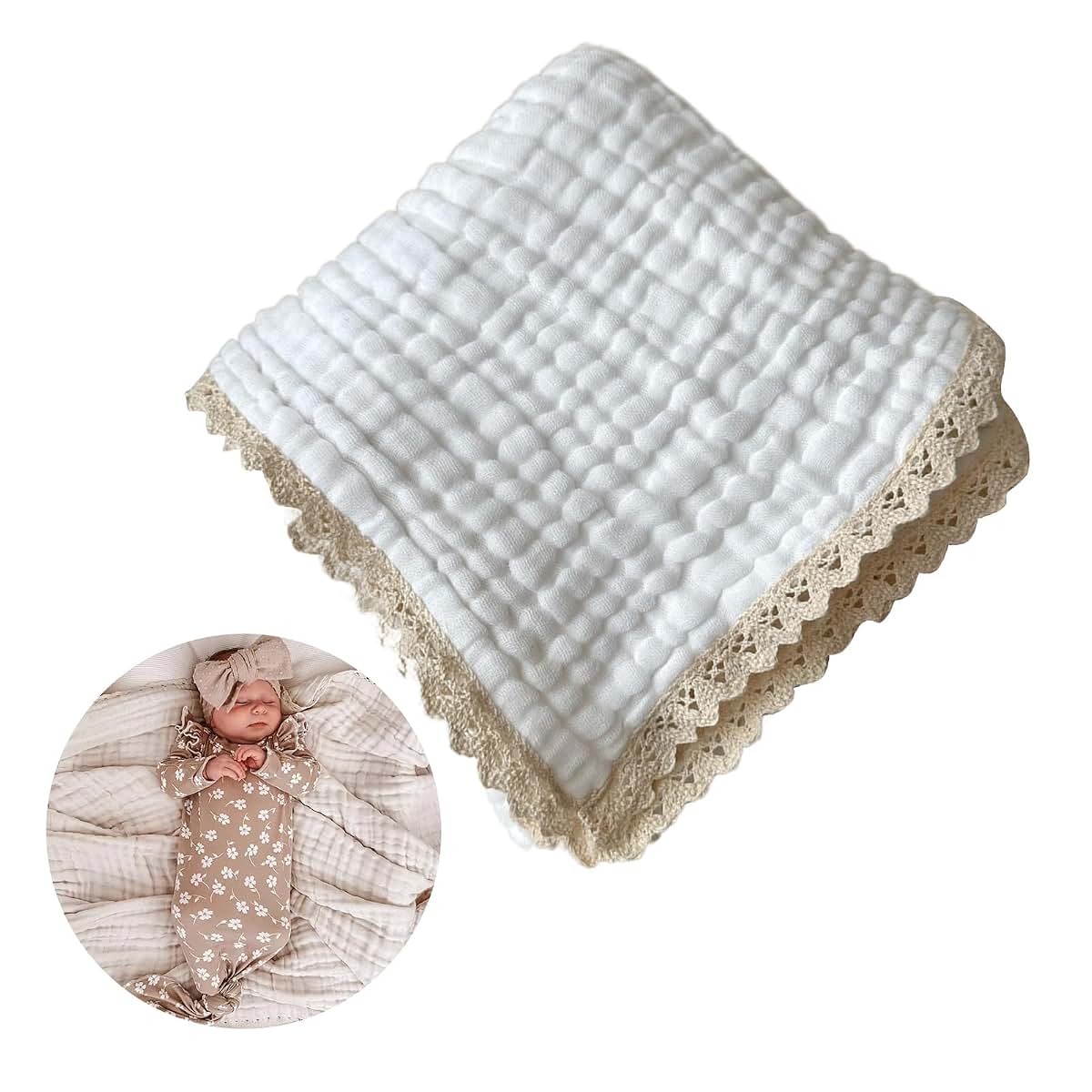 Houniixie Cotton Gauze Blanket With Delicate Lace Trim - Beige (photo 2)