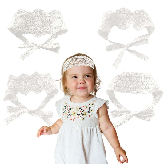 ANNUOZE 4 PCS Baby Girl Lace Tie Headbands, Sweet Off-White Lace Flower Head Wrap, Breathable Wide Hair Band, Boho Hair