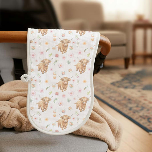 Spriggenix 4 Pack Baby Burp Cloths in Highland Cow Floral Design