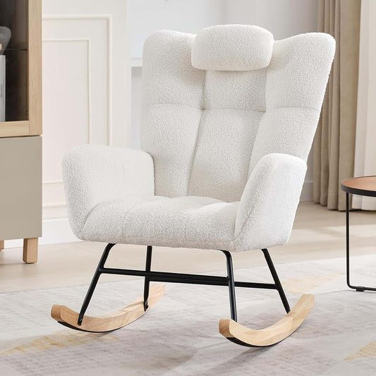 OUTGOODS Modern Rocking Chair Nursery Chair with Pillow & Side Pocket,Wood Legs,Beige
